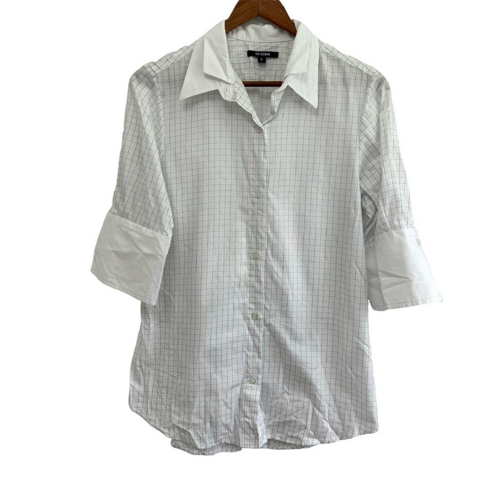 Kal Rieman Double Collar Short Sleeve Cotton Pique Shirt Windowpane Plai…